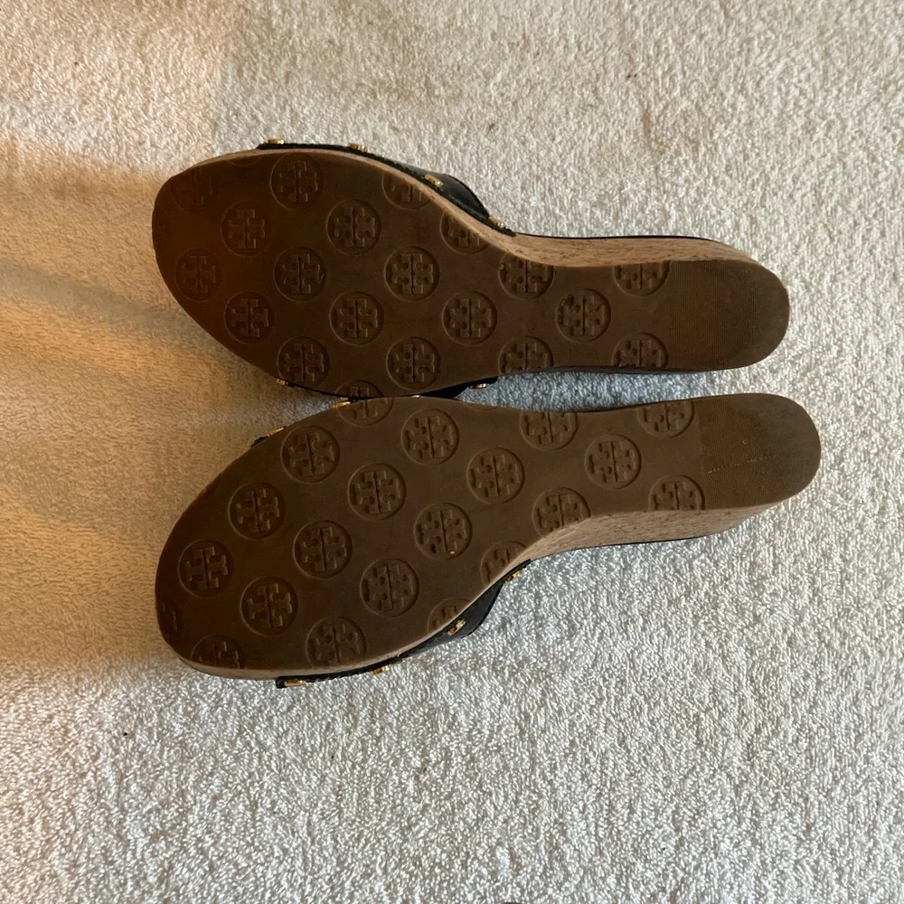 Tory Burch Black Patent Slide Mules with Gold Logo Accents